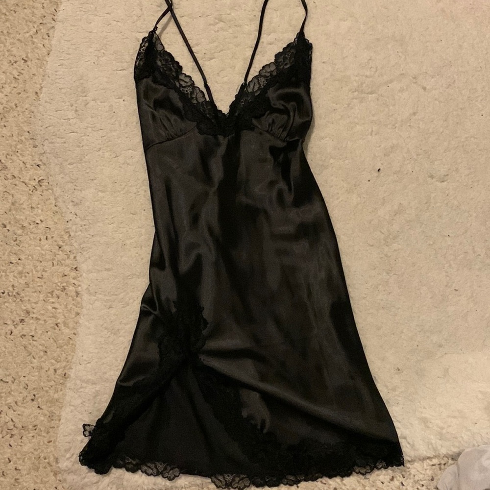 Black satin lace slip dress
